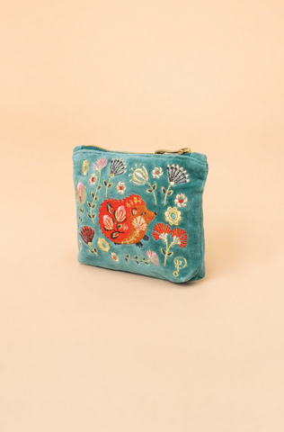 Velvet Embroidered Mini Pouch - Folk Art Hedgehog - Aqua