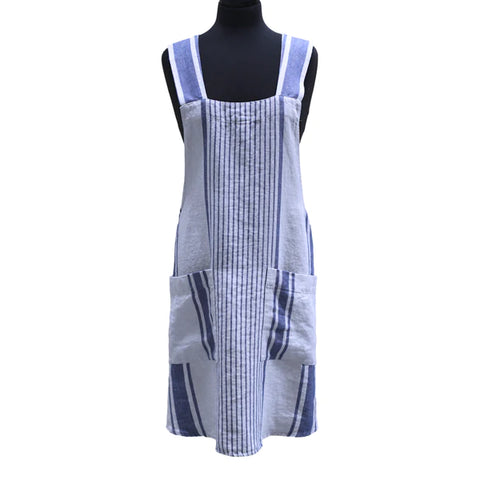 Linen Cross Back Apron with 2 pockets - Light Natural with Blue Stripes - A-Line - Japanese-style -Thick Linen