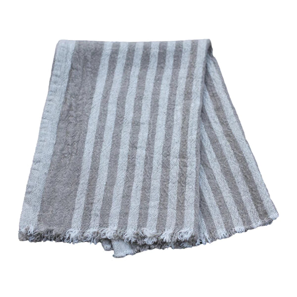 Linen Guest Towel in Textured Stonewashed with Natural Light Natural Stripes and Frayed Edges from Linen Casa 