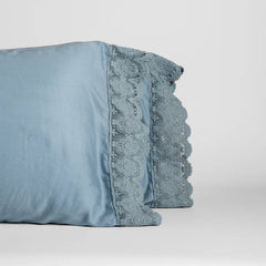 Madera Luxe Pillowcase with Donella Lace from Bella Notte Linens in the color Tahoe Blue.