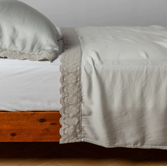 Madera Luxe Flat Sheet with Donella Lace from Bella Notte Linens in the color Cloud.