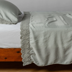 Madera Luxe Flat Sheet with Donella Lace from Bella Notte Linens in the color Eucalyptus.