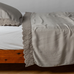 Madera Luxe Flat Sheet with Donella Lace from Bella Notte Linens in the color Fog.