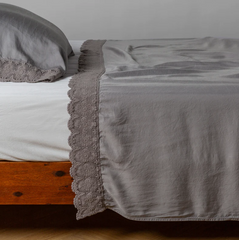 Madera Luxe Flat Sheet with Donella Lace from Bella Notte Linens in the color French Lavender.