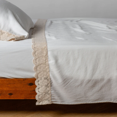 Madera Luxe Flat Sheet with Donella Lace from Bella Notte Linens in the color Winter White.