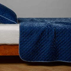 Silk Velvet Quilted Coverlet from Bella Notte Linens in the color Tahoe Blue.