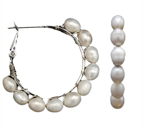Small Pearl Hoops - Silver