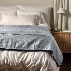 Paloma Bed End Blanket from Bella Notte Linens in the color Tahoe Blue displayed on a bed with shams and a duvet also from Bella Notte Linens. 