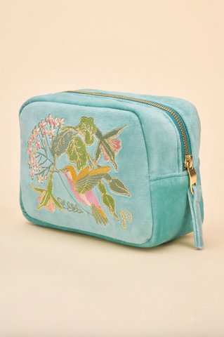 Velvet Embroidered Makeup Bag - Hummingbird - Aqua