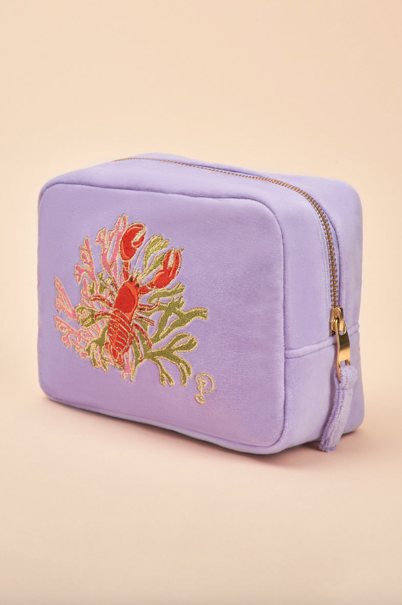 Velvet Embroidered Makeup Bag Lobster Buddies in Lavender from Powder