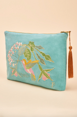 Velvet Embroidered Zip Pouch Hummingbird in Aqua from Powder