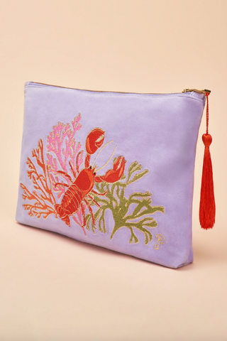 Velvet Embroidered Zip Pouch - Crawfish Buddy - Lavender