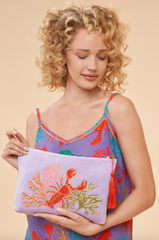 Velvet Embroidered Zip Pouch Lobster Buddies in Lavender from Powder